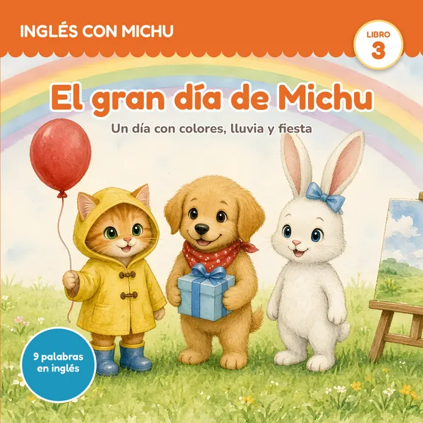Portada de «El gran día de Michu»: Michu con impermeable amarillo y un globo rojo, Toby con un regalo y Hoppy.